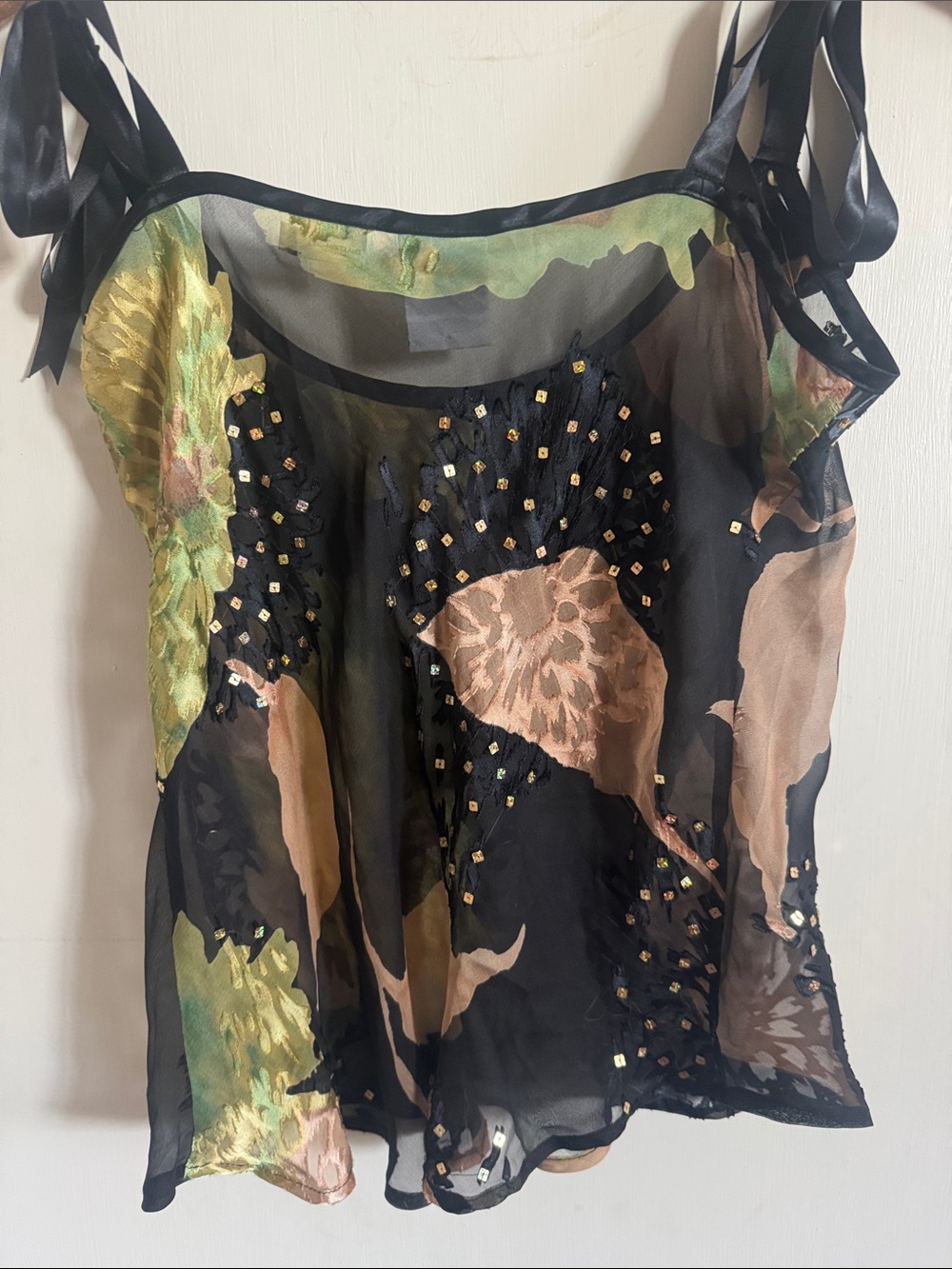 Sheer Silk Black Floral Tie-Strap Camisole - Picture 7 of 9